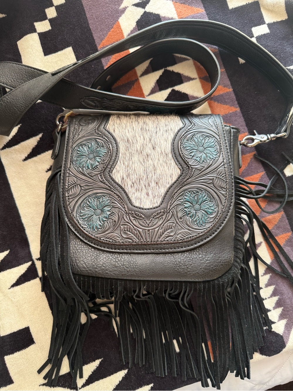 Montana West Hand-Tooled Floral Fringe Leather Crossbody Bag - Black